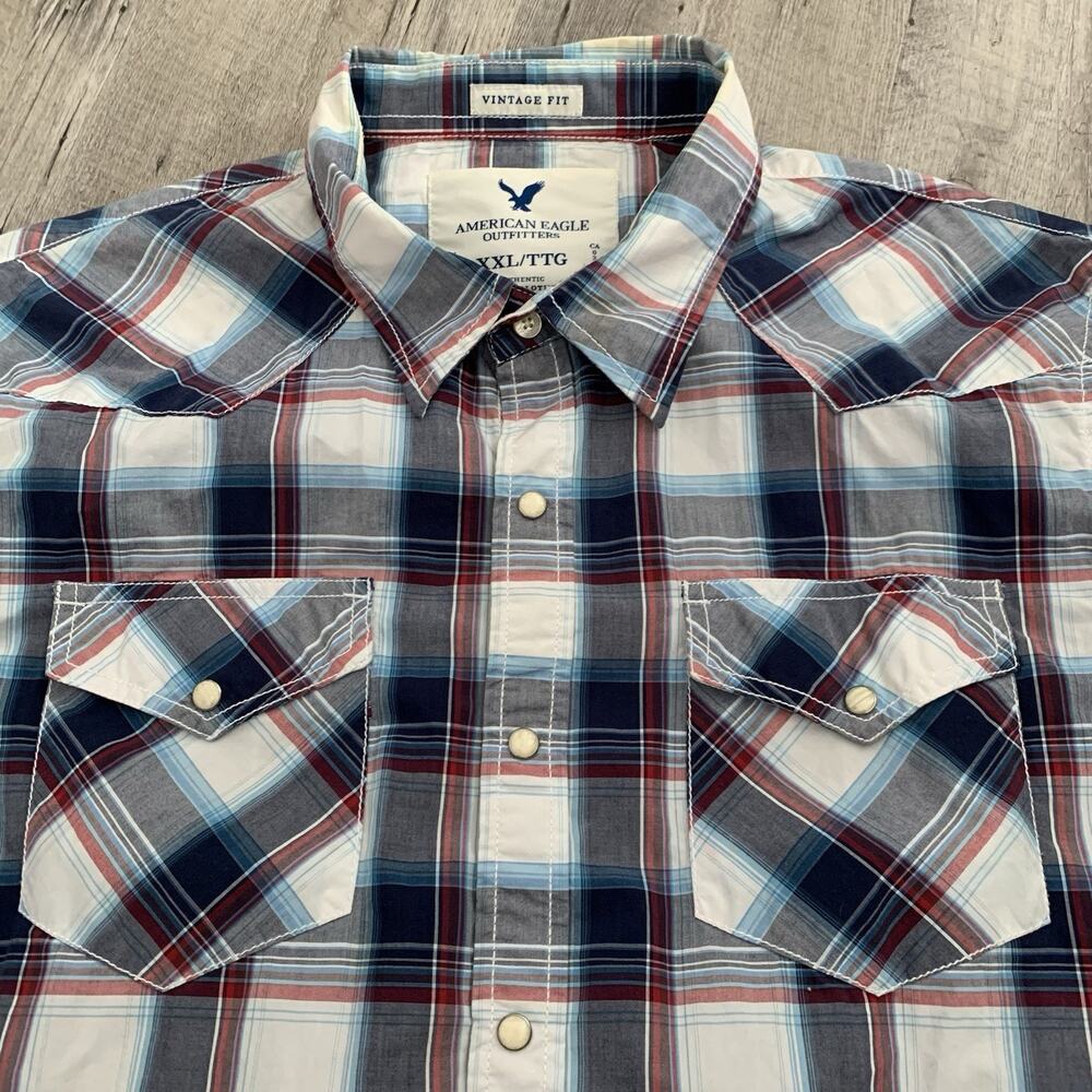American Eagle Shirt Mens XXL Pearl Snap Vintage Fit Blue Plaid Long Sleeve